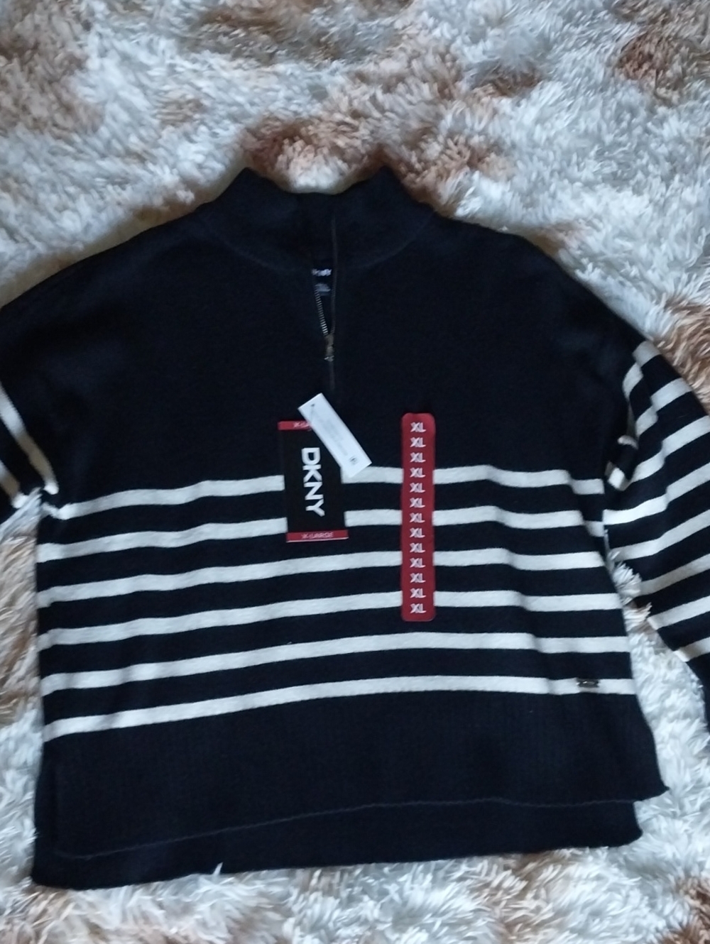 DKNY Black and White Striped Half-Zip Sweater